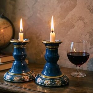 Toyo Enamel & Gold Leaf Porcelain Ornate Floral Design Candle Holders 4.25”